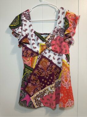 Stem & Vine Patchwork Paisley Flutter Sleave M Babydoll Top Festival, Fairy, Y2k